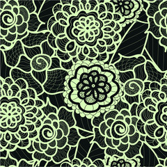 Lace seamless pattern with abstract elements. Vector floral background. Hand Drawn Texture. Decorative Flowers drawing. Doodle artwork. Black and green Zentagle illustration.Bohemian summer ornament.