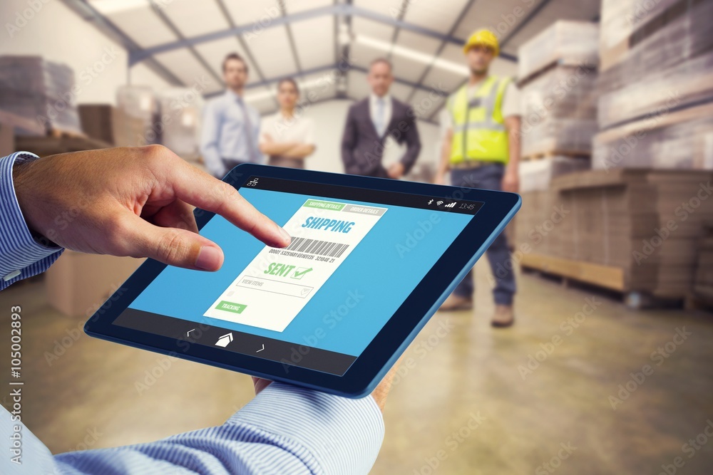 Poster composite image of man using tablet pc