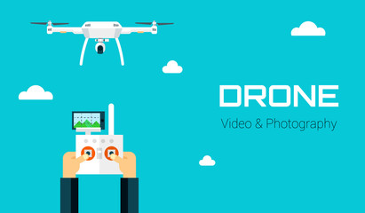 Remote aerial drone with a camera taking photography or video recording . Vector art on isolated background. Flat design.