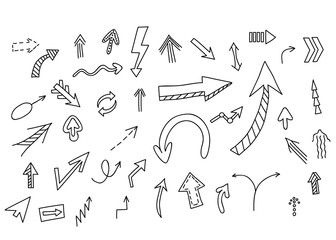 Arrows set. Vector hand drawn by pen for your design. Doodle sketch style.
