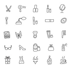 Icons of women clothes and cosmetics hand drawn doodle in style. Vector illustration.