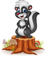 Cartoon funny skunk on tree stump