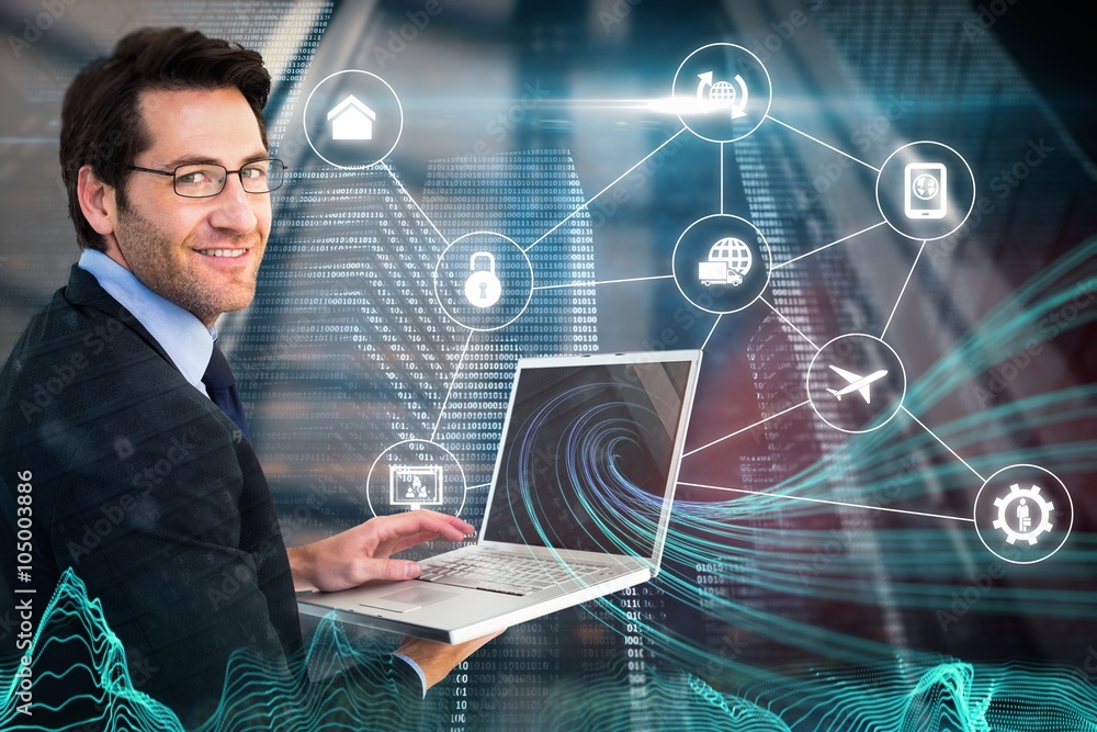 Poster composite image of smiling businessman using a laptop