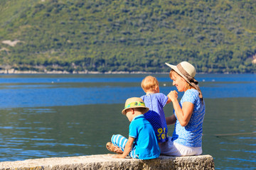 Fototapeta na wymiar mother with kids on sea vacation in Montenegro