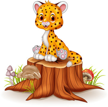 Cartoon happy baby cheetah sitting on tree stump
