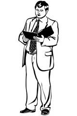 vector sketch of a man in a jacket and tie reading report