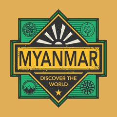 Stamp or vintage emblem with text Myanmar, Discover the World