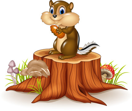 Cartoon chipmunk holding peanut on tree stump