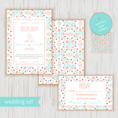 Stylish geometric save the date or wedding invitation card wirh RSVP. Vector geometric save the date romantic card template. Perfect for wedding invitations, wedding cards, baby shower.