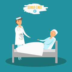 Vector Care senior. Woman doctor helping senior man near bed. Careing senior nurse at hospital. Care senior moderm illustration for flyer, banner, infographics.