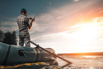 Mature man fishing on the lake