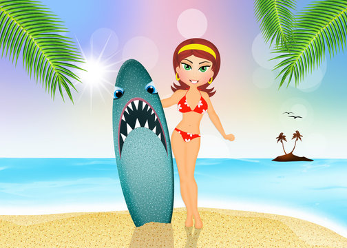 girl with surfing with shark design