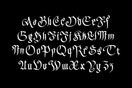 Fantasy Gothic Font. Retro vintage alphabet. Custom type letters on dark background. Stock vector typography