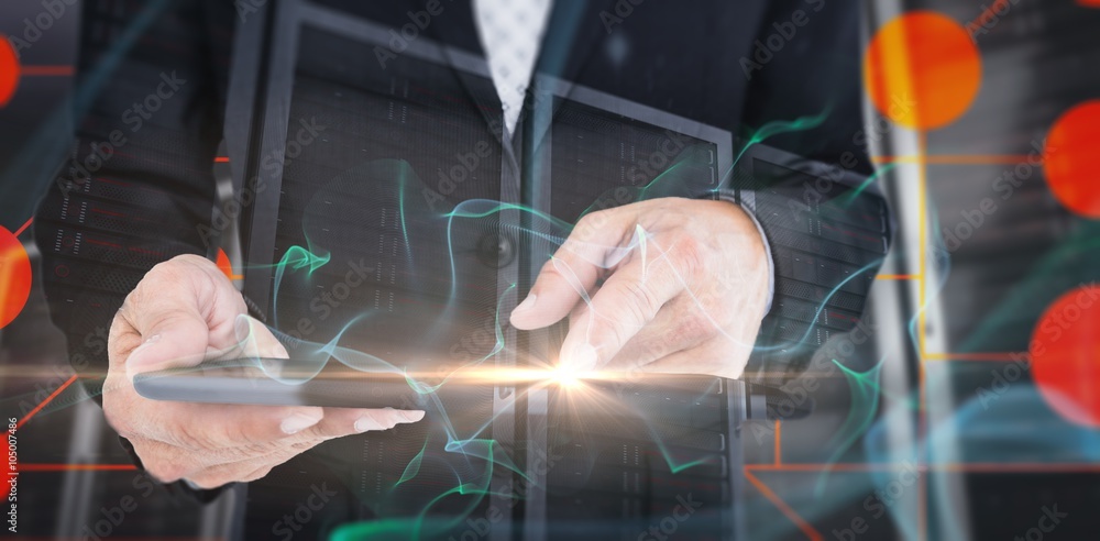 Poster composite image of close up view of businessman using tablet