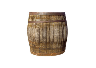 Wooden barrel with iron rings. Isolated on white background.