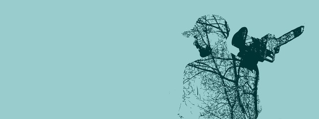 Double exposure of bearded man with chainsaw