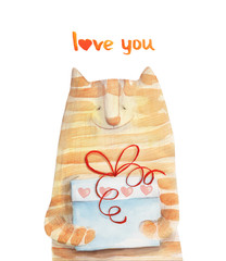 Tabby cat with gift. Love you. Watercolor illustration - 105011247