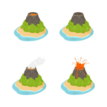 A vector illustration of an isometric volcano in different states. 
Isometric Natural Disaster concept Icon. 