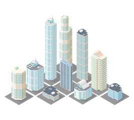 A vector illustration of a modern city on tiles. 
Isometric city district illustration.
