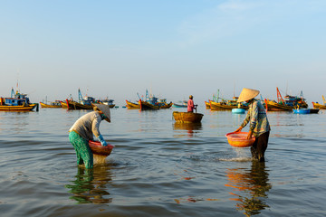 Nha Trang city, Vietnam - January 28, 2016: Fishering Activity in the fishing village near NhaTrang...