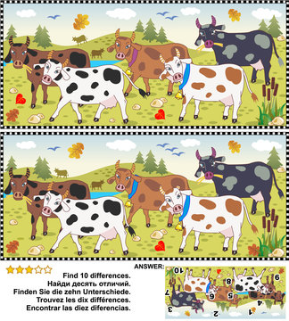 Farm and autumn themed visual puzzle: Find the ten differences between the two pictures of spotted milk cows on a pasture. Answer included.
