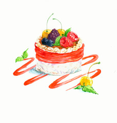 the cake round shape dessert watercolor hand drawn isolated on the white background