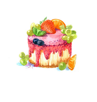 the cake round shape dessert watercolor hand drawn isolated on the white background