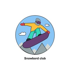 
Snowboard club icon. Vector emblem of snowboarding. Mountains and sky, snowboard jump and trick. Snowboarding. Snowboard sticker
