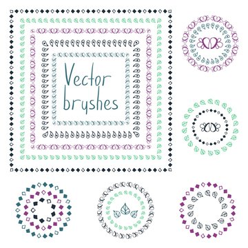 
Vector set of five hand drawn brushes with outer and inner corner tiles. Seamless border of different colors for frames and design elements