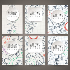 Set of six vector designs of hand-drawn arrow. Cover design, brochures, leaflets, business cards, magazine, flyers, leaflets, stickers.