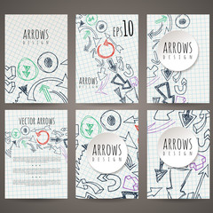 Set of six vector designs of hand-drawn arrow. Cover design, brochures, leaflets, business cards, magazine, flyers, leaflets, stickers.