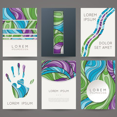 Set of vector design templates. Brochures in random colorful style. Vintage frames and backgrounds.