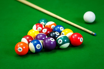 Billiard balls in a green pool table