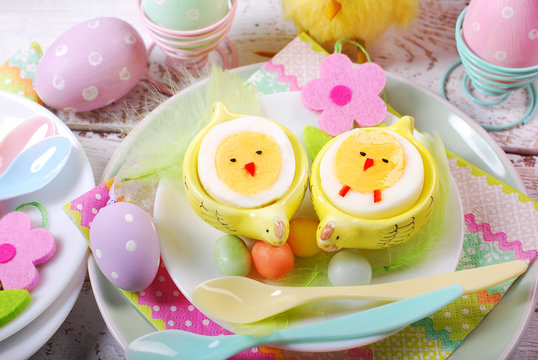 easter breakfast for kids with boiled eggs as chicks