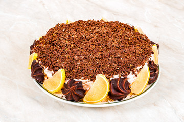 Homemade cake with fruits on a white background