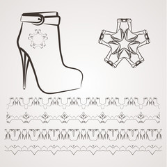 Set of vector filigree star, flowers, borders, frames and brushes of various women's shoes.