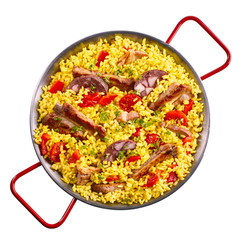 Top down view of spare ribs and yellow rice