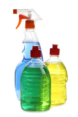Cleaning products in plastic bottle on white background