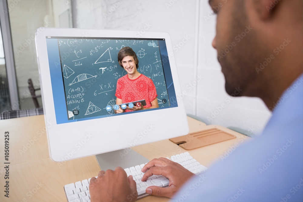 Poster composite image of smiling student with tablet