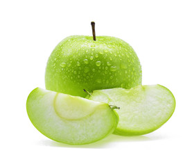 Drop of water green apple on white background