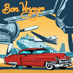 Retro red car on the runway pop art retro style