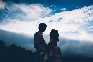 Double exposure Portrait attractive couple in love, combined wit