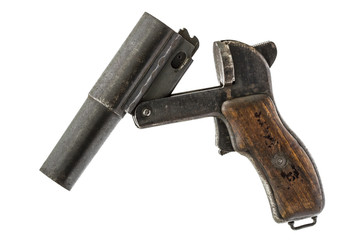 Old  signal pistol, flare gun and cartridges, isolated on white