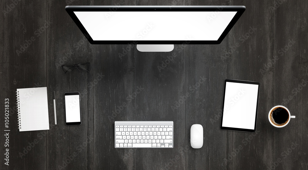Poster Responsive devices with isolated screen for mockup. Top view of modern desk with computer display, phone and tablet. Keyboard, mouse, coffee, glasses, notebook, pencil on table. 