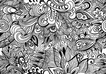 Doodle black and white abstract hand-drawn background. Wavy zentangle style seamless pattern.