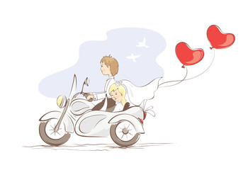 Vector illustration, card -- just married on a motorcycle