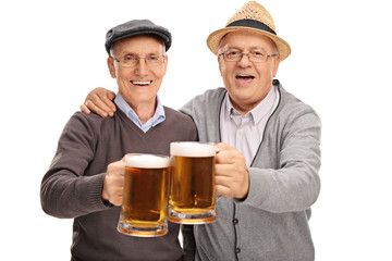 Two seniors making a toast with beer