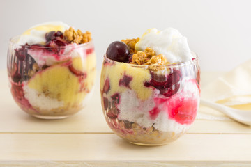 Homemade granola parfait with cherries and cream