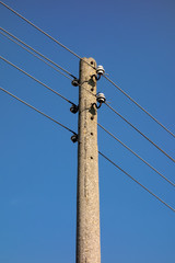 Electricity post with wire lines. Power electric distribution