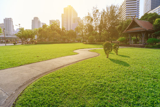 Beautiful urban park in sunny day of Bangkok city, Thailand.